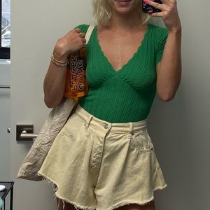 Sezane green knit fitted blouse top